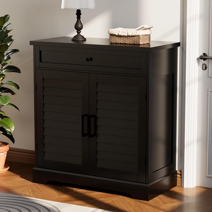 ChooChoo Shoe Cabinet with Doors, 4-Tier Shoe Storage Cabinet with Drawer and Shelves, Wooden Shoe Rack Organizer for Entryway, Hallway, Closet, Black - Image 5