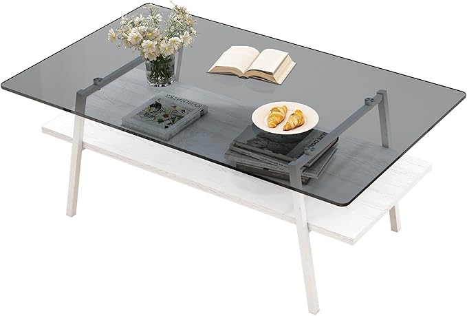 IANIYA Glass Coffee Table for Living Room Small Gold Mid Century Coffee Table for Living Room with Wood Shelves (White Frame, Gray Glass + White Wood)