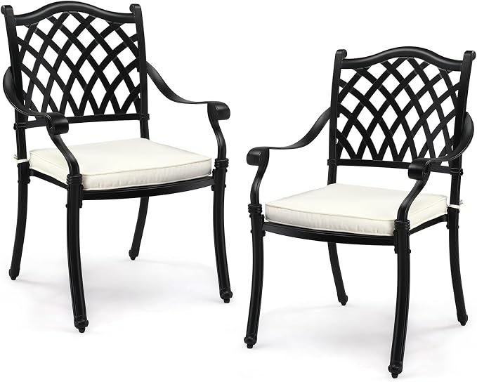 VINGLI Patio Chairs Set of 2 - Stackable Outdoor Cast Aluminum Dining Chairs with Vintage Black Finish and Diamond Pattern, Metal Armchairs for Poolside, Backyard, Balcony (with Cushion) by VINGLI