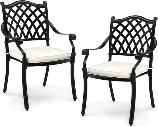 VINGLI Patio Chairs Set of 2 - Stackable Outdoor Cast Aluminum Dining Chairs with Vintage Black Finish and Diamond Pattern, Metal Armchairs for Poolside, Backyard, Balcony (with Cushion) by VINGLI