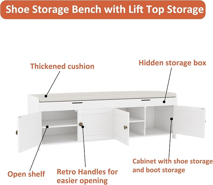 HOMEFORT 54.4" Shoe Bench with Lift Top Storage, Entryway Bench with Cushioned Seat, Wooden End of Bed Bench, Shoe Cabinet Bench with Hidden Storage Space, for Bedroom, Hallway,White - Image 8