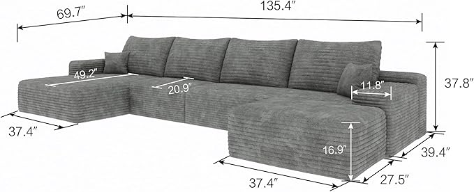 135" U Shaped Sectional Couch with Ottoman, Large Sectional Couches for Living Room, Plush Corduroy Convertible Sleeper Sofa, Compressed Foam Sofa in a Box No Assembly, Left Facing Chaise, Grey