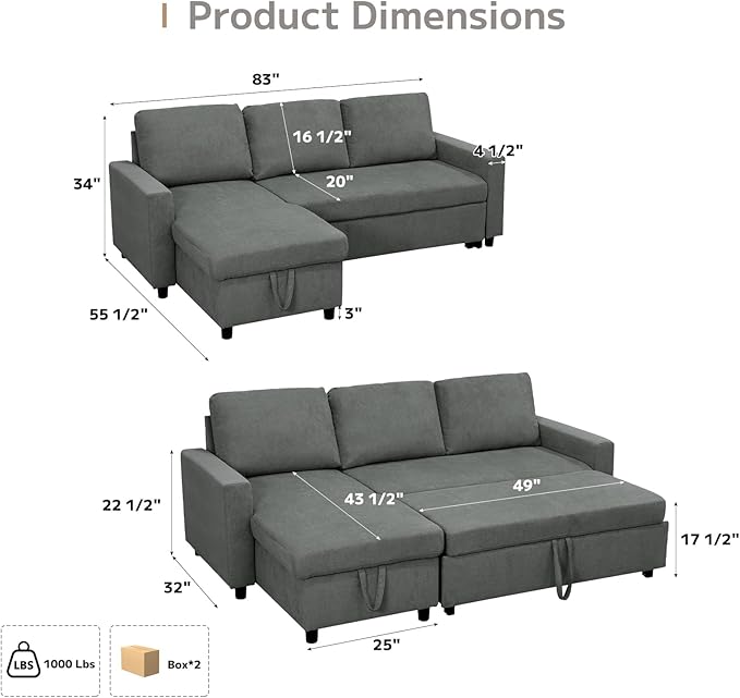 L-Shaped Sleeper Sofa with Chaise Lounge & Storage, Pull-Out Couch Bed with Recliner, Full Size Futon for Living Room, Office, Apartment Dark Grey