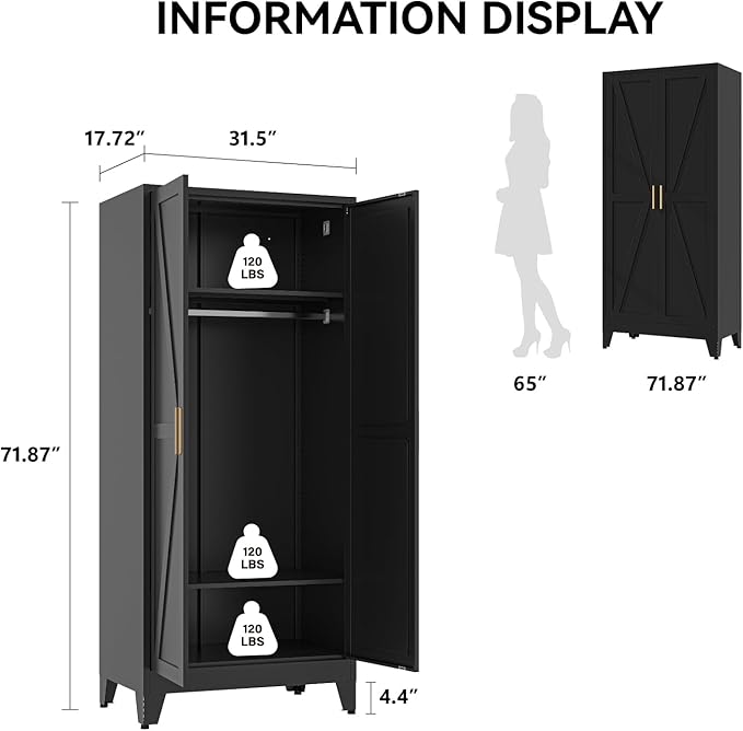 COFaR Metal Wardrobe Cabinet, 71" Farmhouse Storage Cabinet with Hanging Rod, 2 Barn Door, 2 Adjustable Shelves and Legs, for Bedroom, Laundry Room, Cloak Room, Gym, Office, School (Black)