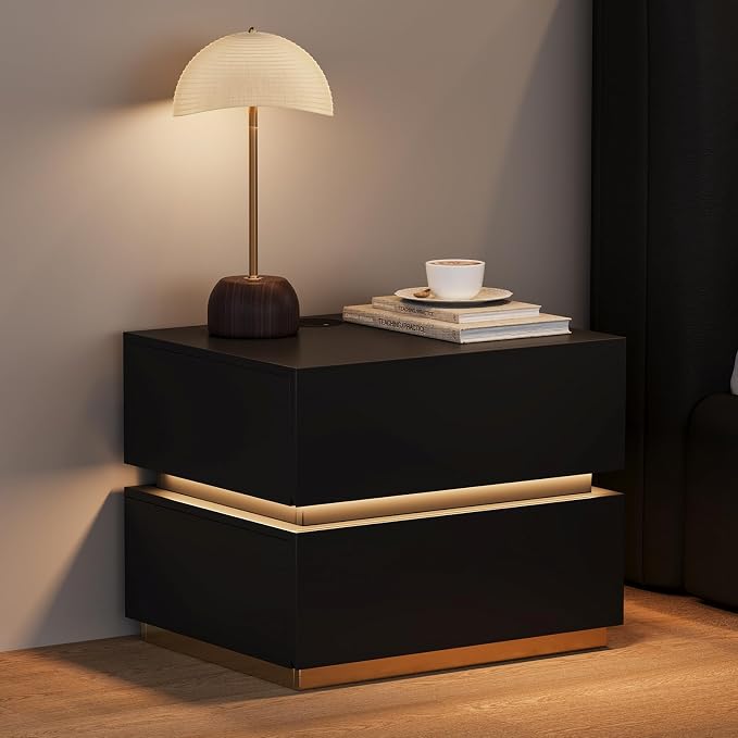 homary Smart Nightstand Set of 2 with Wireless Charging Station, USB & Type-C Ports, LED Light – Modern Black Bedside Table for Bedroom Storage (Black, 2 Drawers) - Image 6