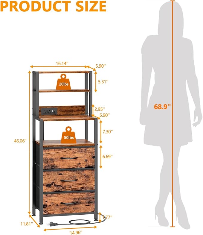 Furnulem Night Stand Set 2, LED nightstand Set of 2 with Charging Station, Bedside Table with Storage Shelf and 3 Fabric Drawers, Bed Side Table for Bedroom, Home Office, Dorm - Image 3
