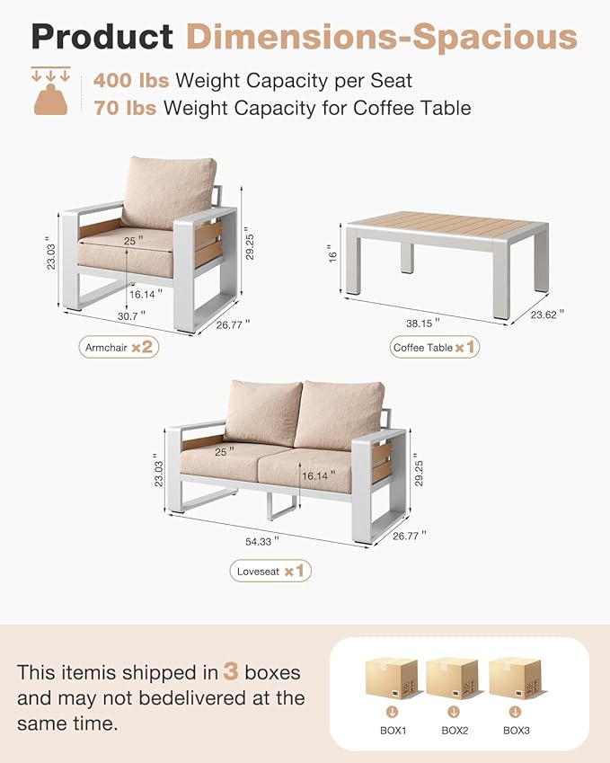 Aoxun Aluminum Patio Furniture Set, 4 Piece Luxury Outdoor Sectional with 6" Olefin Fabric Cushions, Patio Conversation Sets with Coffee Table and Waterproof Cover for Backyard, Porch Beige