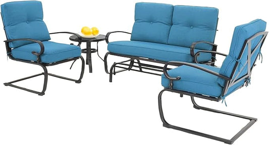 SOLAURA 4-Piece Outdoor Furniture Patio Conversation Sets Swing Glider Loveseat and Spring Lounge Chairs with Side Table for Garden, Deck, Balcony, Poolside, Lawns (Peacock Blue)