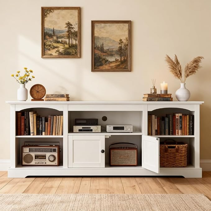 LUCKLIFE 71" TV Stand for TVs up to 80 Inch,Modern Farmhouse Entertainment Center with Arched Cabinet Doors & Open Adjustable Storage Shelves,Media Console Table for Living Room (White, 71 inch) - Image 8