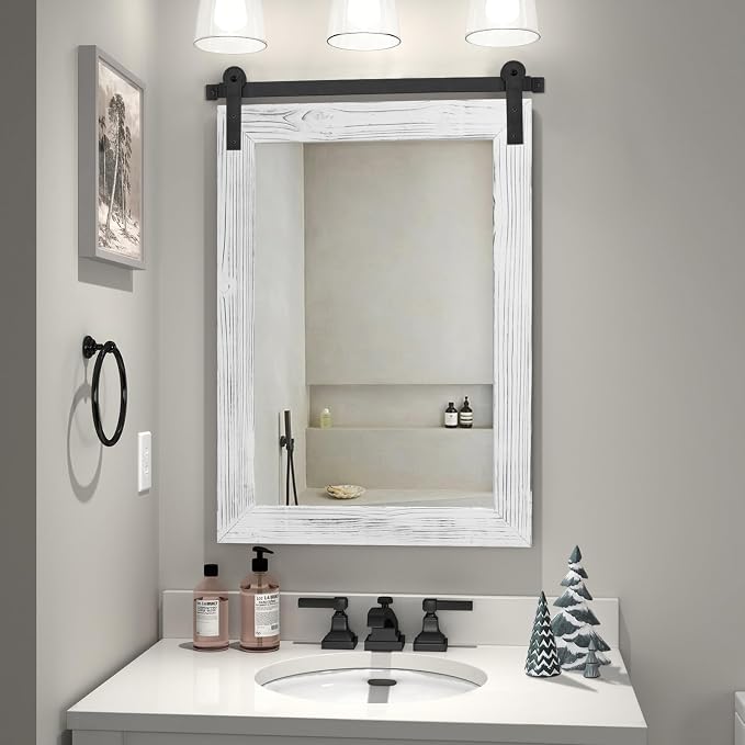 COGOOD Farmhouse Bathroom Mirror - 30 x 21 Rustic Wood Framed Wall Barn Door Mirror for Entryway, Living Room, Vanity Wall Decor (White) by COGOOD