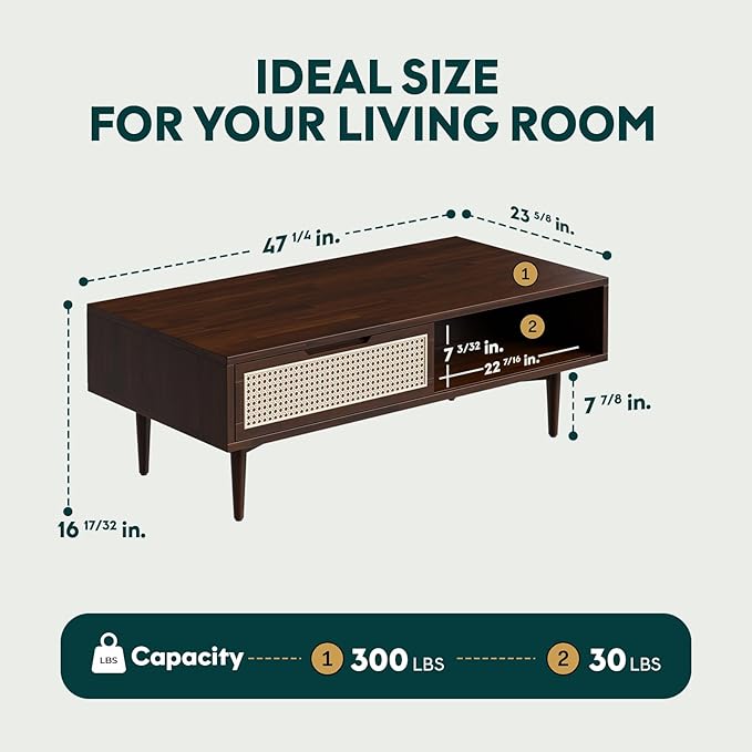 Bme Oliver Mid Century Coffee Table with Drawers and Open Storage – Solid Wood Accent Table with Rattan Detail and Adjustable Legs – Walnut