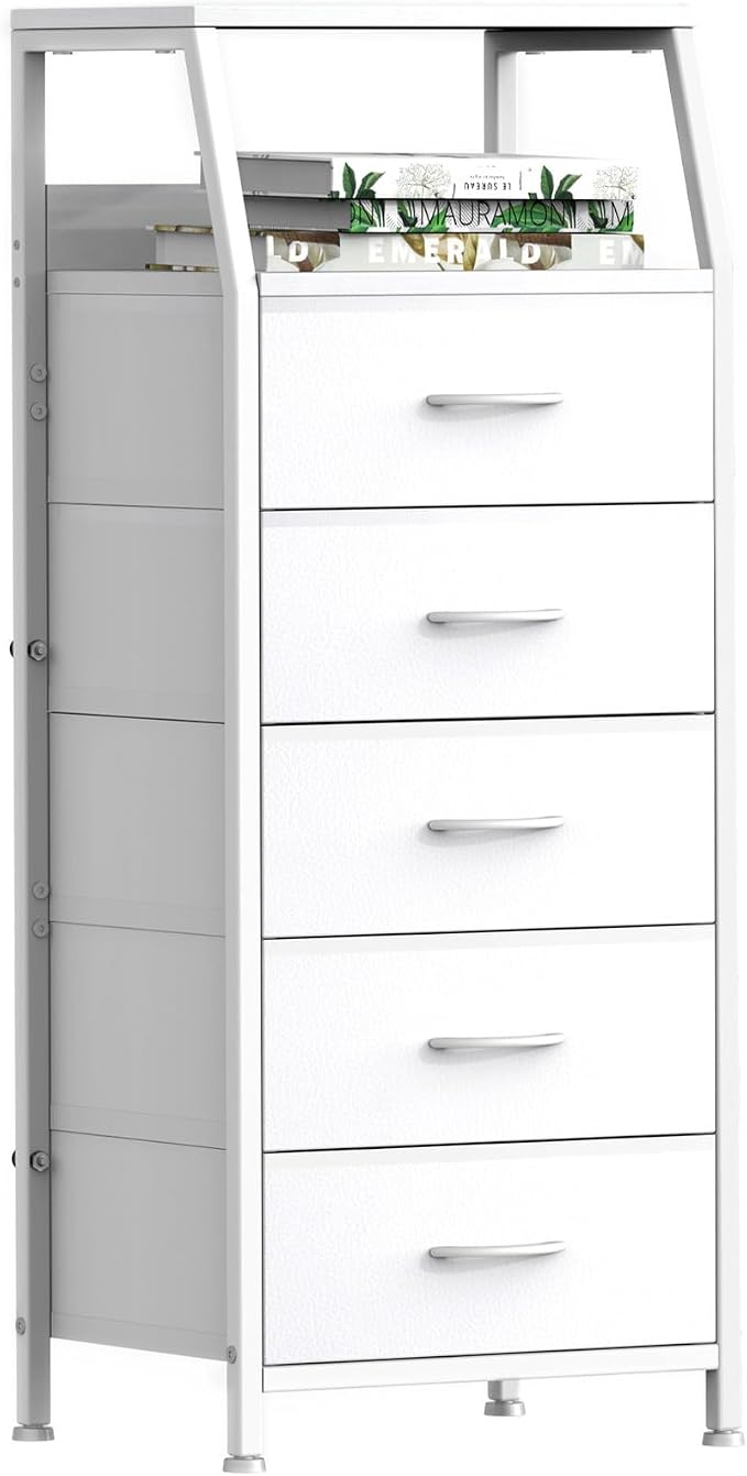 White Dresser for Bedroom, Storage Organizer with 5 Drawers, Vertical Fabric Storage Stand, Nightstand Bedside Table, Sturdy Steel Frame & Wooden Top by Ollieroo