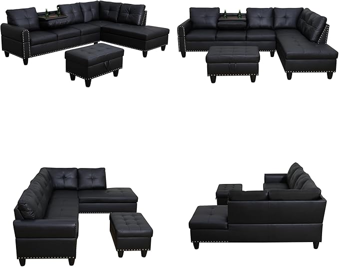 Sectional Couches for Living Room, Convertible 4 Seat Modular Sectional Sofa Set for Living Room, L Shaped Couch or U Shaped Couch with Storage Ottoman for Apartment, Leather Black