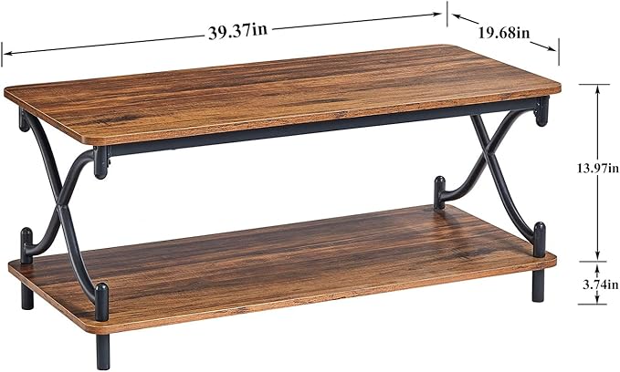 VECELO Coffee Table for Living Room with Round Corners Modern Farmhouse Center Table with Storage Shelf for Home Office 39 Inch, Easy Assembly, Retro Brown