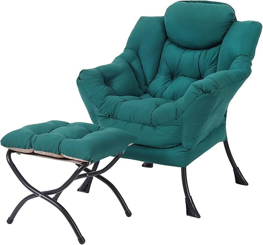 MBOOYOME Lazy Chair with Folding Ottoman, Modern Accent Armchair with Armrests and a Side Pocket & Foldable Footstool, Reading Chair for Living Room, Bedroom, Dorm & Office, Dark Green
