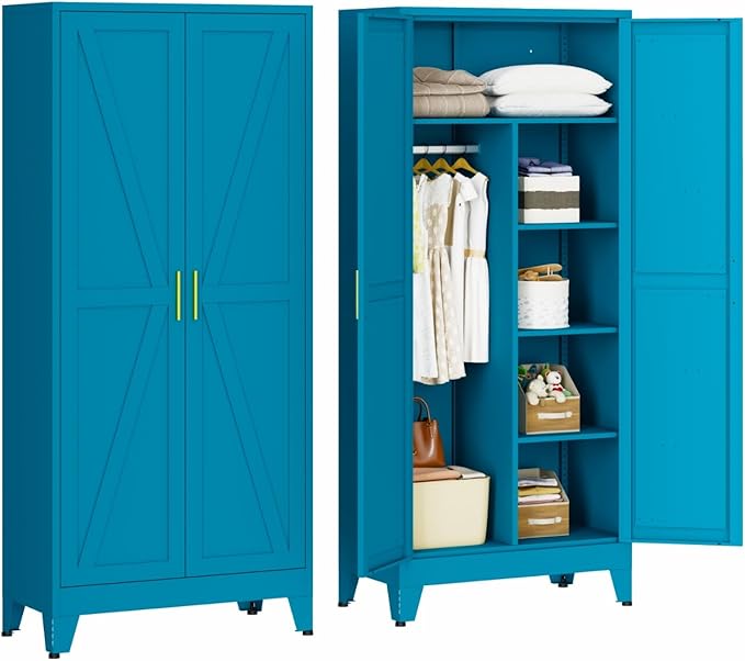 71" Armoire Wardrobe Closet with Hanging Rod & Adjustable Shelves, 2 Doors Blue Armoire Wardrobe Closet, Metal Clothing Storage Wardrobe Cabinet for Bedroom, Laundry Room, Office