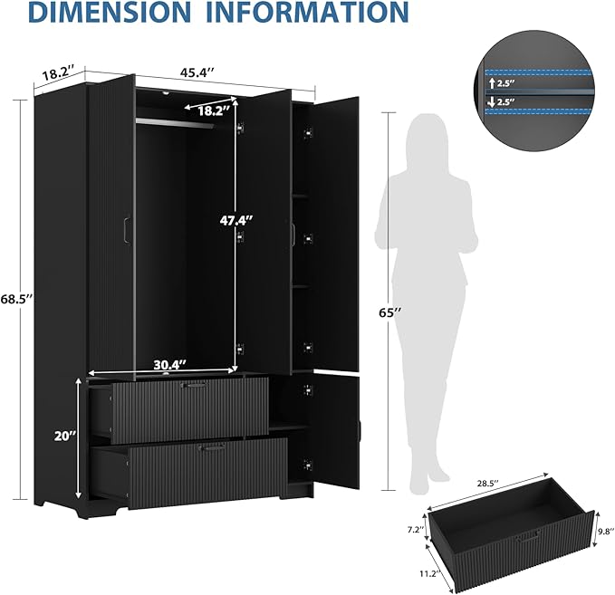 68.5” Armoire Wardrobe Closet with Mirror Door, Freestanding Modern Wooden 3 Doors Fluted Closet with 2 Drawers & Storage Cabinet & Adjustable Shelves & Hanging Rod for Bedroom (Black)