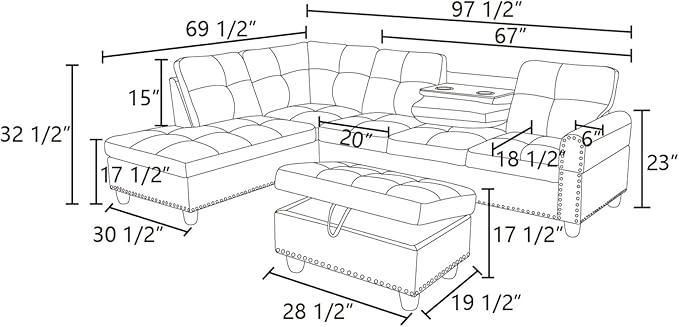 L-Shape Sofa with Storage Ottoman & Reversible Coffee Table, Leather Sectional Couch with Left Chaise, 3-Piece Sofa Set for Living Room, Upholstered Couch Set with Solid Wood Frame, Dark Grey