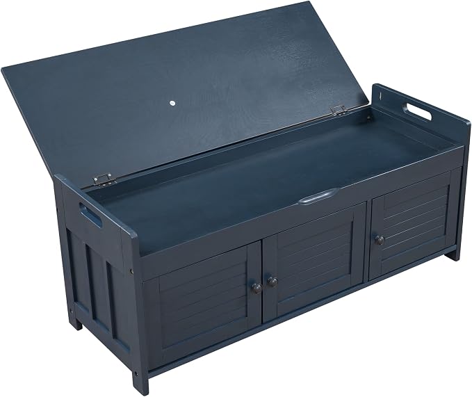 SOFTSEA Upholstered Storage Bench, Entryway Shoe Bench with Removable Cushion and Hidden Storage, Wooden Storage Ottoman with 3 Shutter-Shaped Doors for Entryway, Living Room, Bedroom, Blue - Image 9