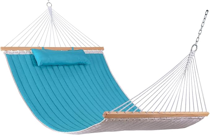 Lazy Daze Hammocks 12 FT Double Quilted Fabric Hammock with Spreader Bar and Detachable Pillow, 2 Person Hammock for Outdoor Outside Patio Garden Yard Pool Beach, 450lbs Weight Capacity (Blue) by LazyDazeHammocks