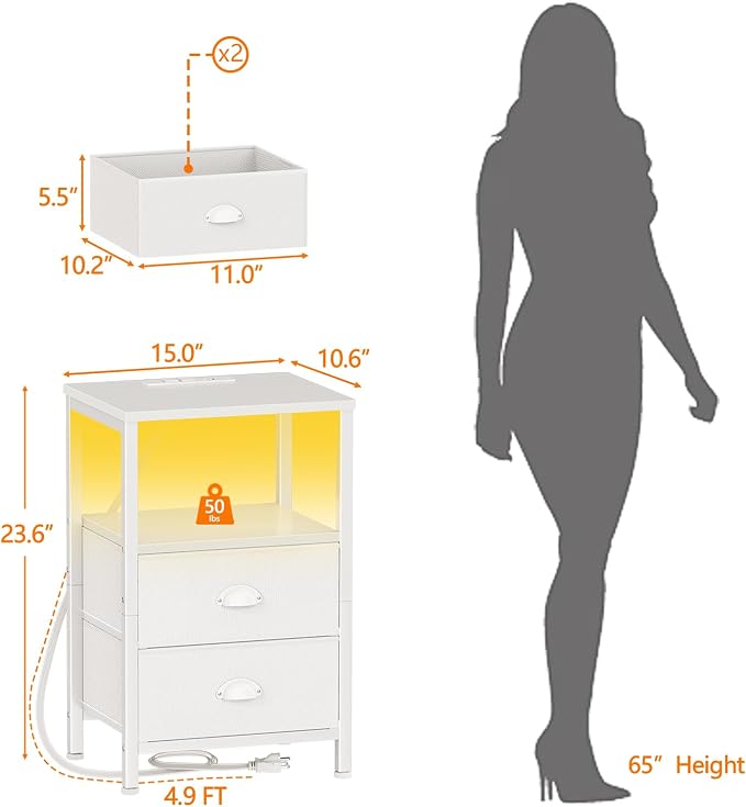 Furologee LED Night Stand with Charging Station, White Nightstand with Fabric Drawers, Bedside Table with Storage Shelf, End Table for Living Room/Bedroom/Dorm - Image 3