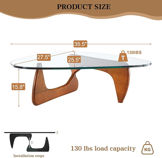 Glass Coffee Table Modern Coffee Table for Living Room, Farmhouse Mid Century Center Tables with Tempered Glass Top and Wooden Base,Rustic Walnut Brown Tea Tables for Small Space