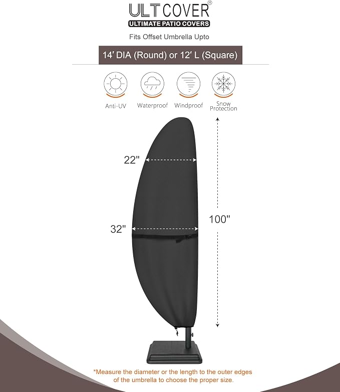 ULTCOVER Patio Parasol 600D Waterproof Outdoor Offset Banana Style Umbrella Cover - Fits Cantilever Offset Umbrella 12-14 Feet, Black - Image 3