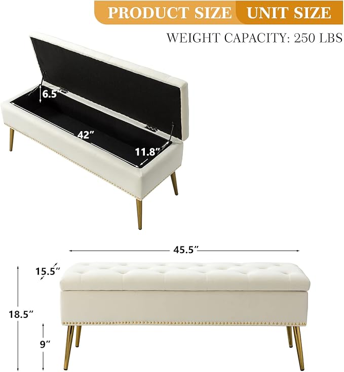HULALA HOME Modern Velvet Storage Ottoman Bench with Gold Base & Nailhead Trim, Upholstered Bedroom Bench for End of Bed, Button-Tufted Footstool for Entryway Living Room Dining Room, Ivory - Image 2