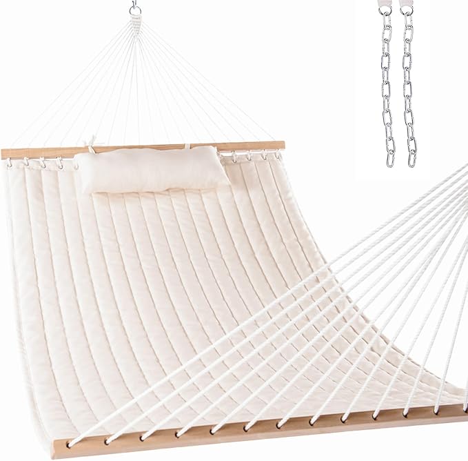 Lazy Daze Hammocks 12 FT Double Quilted Fabric Hammock with Spreader Bar and Detachable Pillow, 2 Person Hammock for Outdoor Patio Backyard Poolside, 450lbs Weight Capacity, Natural by LazyDazeHammocks