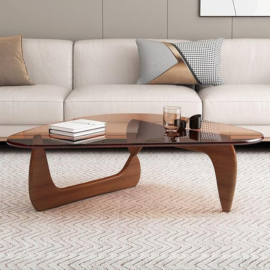 Modern Glass Coffee Table for Living Room, Small mid Century Coffee Table, Stylish Coffee Tables Suitable for Bedroom Living Room Reception Office Tables (Walunt+Brown, Medium35.8in)