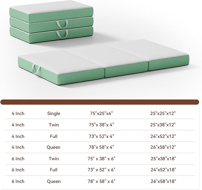 ROXGOX Memory Foam Trifold Mattress, Twin Portable Floor Bed 6 Inch, Foldable Mat with Washable Cover, Handle & Non-Slip Bottom, for RV, Travel, Camping, Yoga, 75"x38"x6", White Green