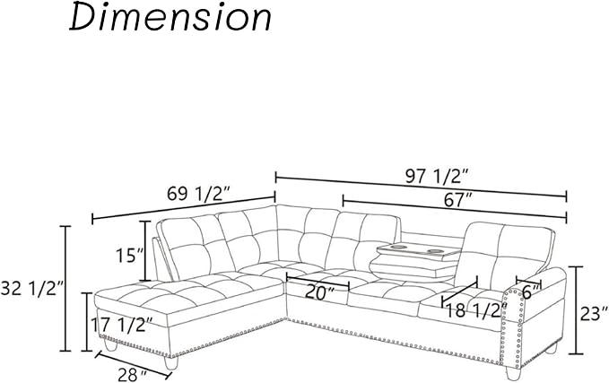 L-Shaped Sectional Couch with Cup Holders, Living Room Sofa with Lounge Chaise, Modern 4 Seater Sofa Couch for Living Room, Small Apartment & Office, Black Gray
