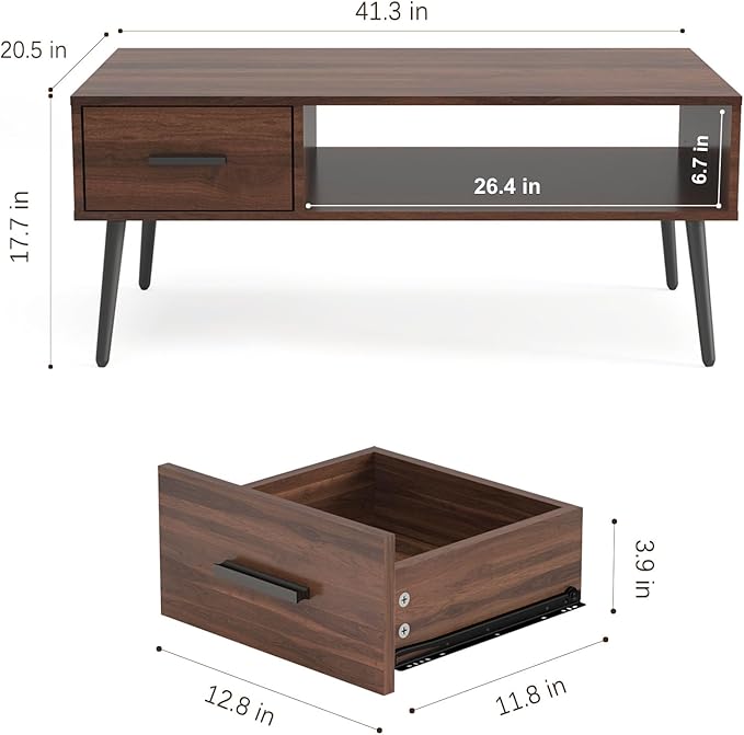 HAIOOU Coffee Table, Mid Century Modern Center Table for Living Room with Storage, Walnut Tea Table with Drawer, Open Storage Shelf, Floor-Anti-Scratching Pine Leg for Home, Office(Dark Brown) | Center Table, Living Room, Storage, Tea Table, Drawer, Op...