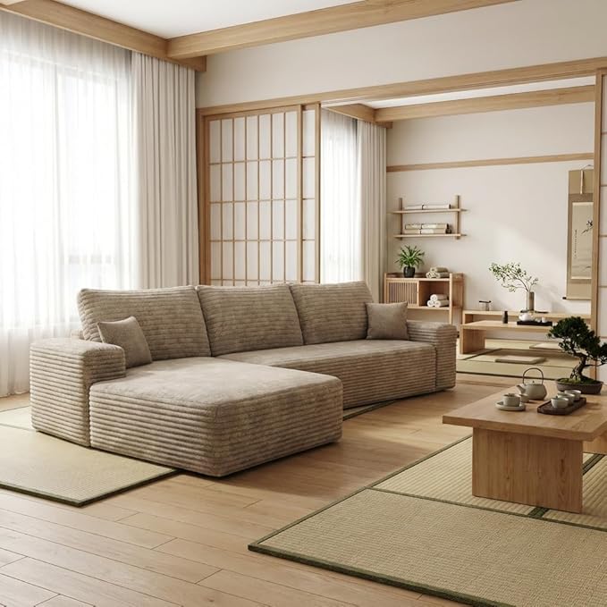 Eafurn Oversized L-Shaped Modular Sectional Sofa with Chaise, Fluffy Corduroy Upholstered Boneless Couch with Deep Seat, Minimalist Flexible Combination for Living Room | Breathable material, Full Foam, Anti-slip