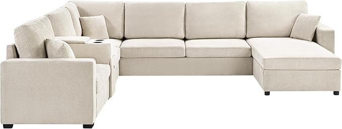 Merax Modern 134" U-Shaped Modular Sectional Sofa Couch with Cup Holders & Storage Drawers, Chenille 5-Seat Large Sectional Family Sofa with Chaise Lounge & Pillows for Living Room, Beige