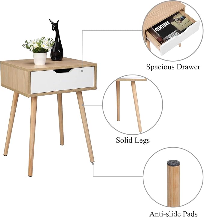 Bonnlo Wood Nightstands Set of 2 End Side Table with Spacious Drawer & Solid Wood Legs for Livingroom, Bedroom, Dorm - Image 6