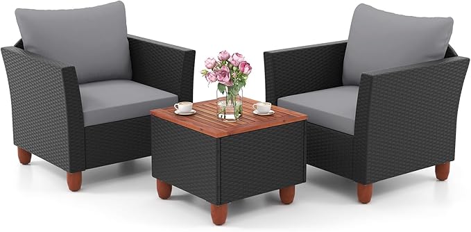 ORALNER 3 Pieces Patio Furniture Set, Outdoor Wicker Conversation Chairs with Cushion, Acacia Coffee Table, Rattan Bistro Set for Balcony Garden Backyard Front Porch Poolside (Grey)