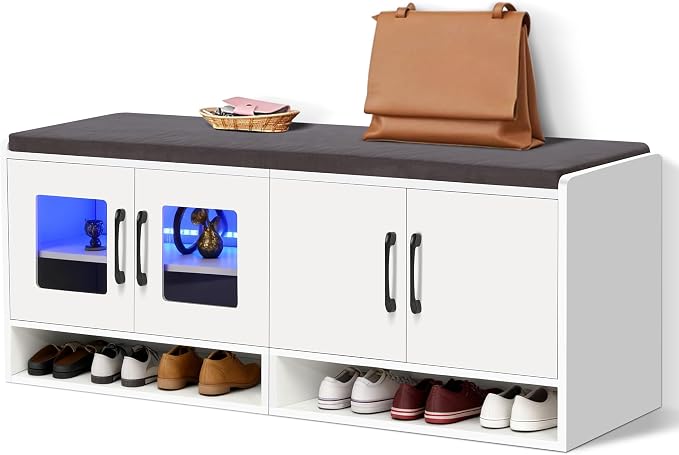 Shoe Bench with Thickened Cushion,Entrance Bench with Glass Door and Ambient Light,Three-Layer Shoe Rack,Color Changing Light Strip, Two Large Storage Spaces,Living Room,Bedroom,White by vellaniq