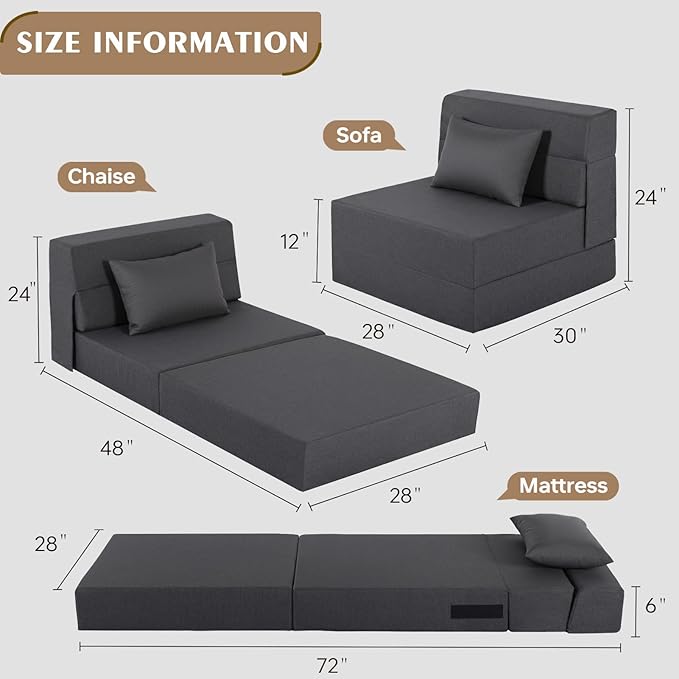 Folding Sofa Bed, Foldable Sleeper Chair with Pillow, Convertible Fold Out Chair Bed with Washable Cover, Foldable Mattress for Living Room, Bedroom, Guest Room, Single Size, Dark Grey