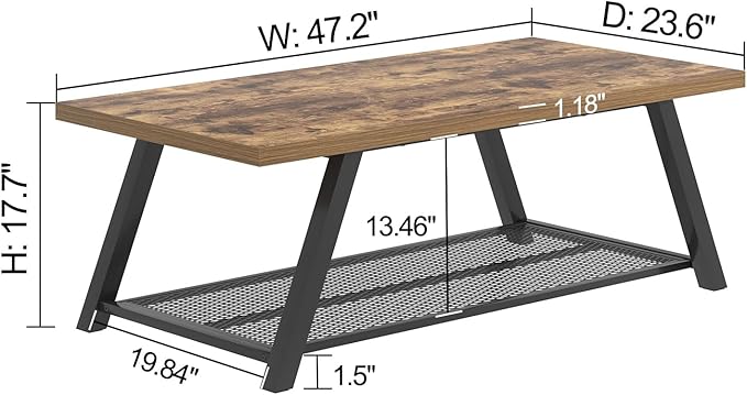 FOLUBAN Modern Coffee Table, Wood and Metal Coffee Tables for Living Room with Storage Shelf, Industrial Rectangle Cocktail Tea Table, Rustic Brown, 47 Inch