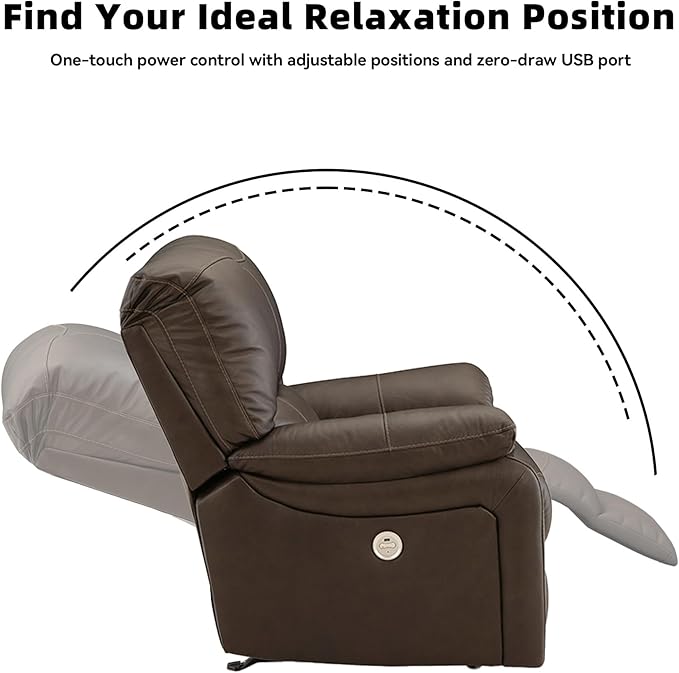 Signature Design by Ashley Leesworth Contemporary Leather Match Power Rocker Recliner with USB Ports, Dark Brown