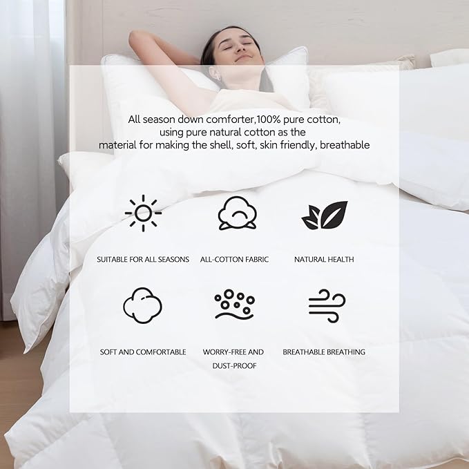 All Season 100% Cotton Down Comforterover Size Queen Size,High Fill Power White Down Fluffy Hotel Style Duvet Insert, Noiseless Eco-Friendly, 8 Corner Tabs, Machine Washable (98×98，60oz)