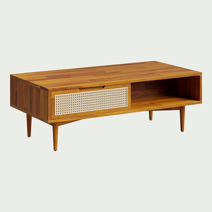 Bme Oliver Solid Wood Coffee Table with Rattan Accent – 2 Drawers and Open Shelf, Mid Century Storage Table with Adjustable Legs – Caramel