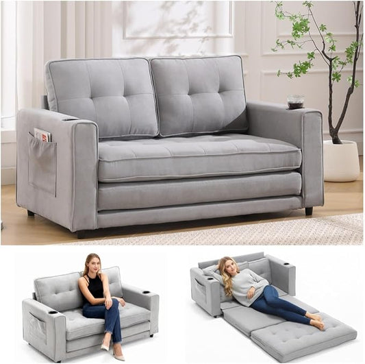 Convertible Sofa Bed, Folding Loveseat Sleeper Sofa Bed with Pillows,Fold Out Floor Couch with Cup Holder, Fabric Pull Out Sleeper Couch Bed for Living Room, Bedroom Lounge, Light Gary