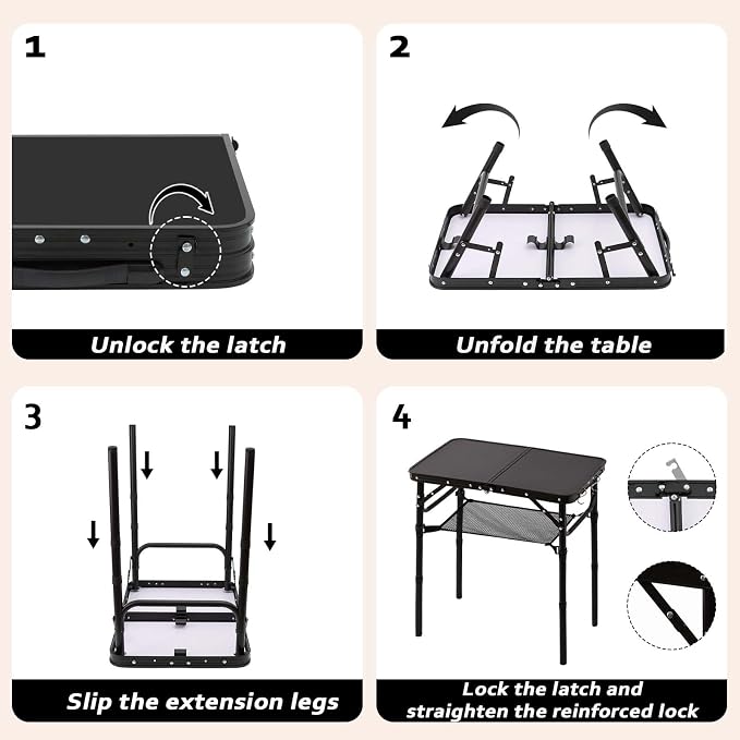 YihuiKo Folding Picnic Table with Storage Net, Matte Black Aluminum Folding Table 23.6" x 15.8", Adjustable Height Max 27.5", Lightweight Portable for Camping Travel Grill Indoor - Image 6