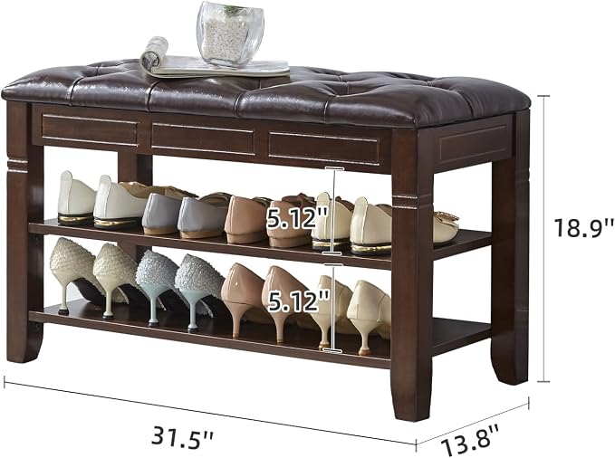 LEILISI Shoe Bench, Storage Rack Organizer with Cushion 2 Tier Lift Top Shoe Rack for Entryway Living Room Bedroom Hallway Wooden Furniture (Brown, 31.5'') - Image 3