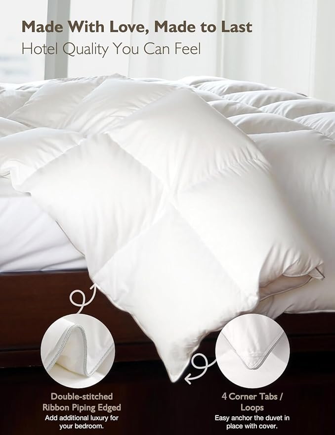 Cobnom® Hotel Luxury Feather Down Comforter California King, Medium Warm All Season Duvet Insert, Silky Soft Egyptian Cotton Blend Cover, Ethically Sourced Feather Down Filled, 104x96 Inch, White