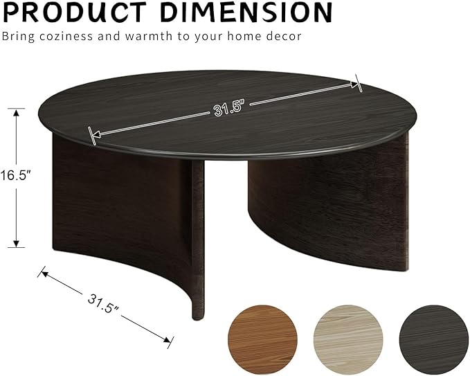 31.5'' Round Coffee Table, Black Circle Coffee Table with Curved Base, Solid Wood, Ideal for Living Room, Apartment, Compact Place
