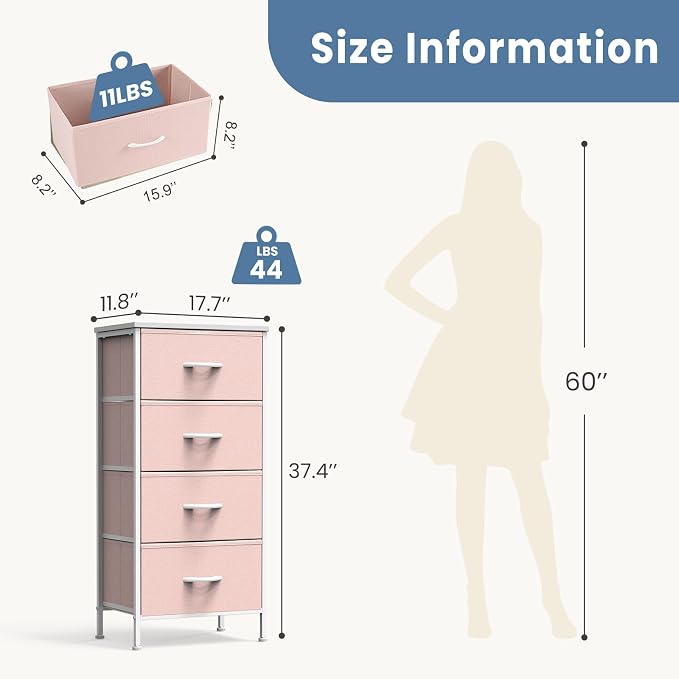 DUMOS Nightstand with 4 Drawers Bedside Table with Removable Fabric Bins Sturdy Steel Frame Wood Top Organizer Furniture for Bedroom Closet Living Room,Pink - Image 3