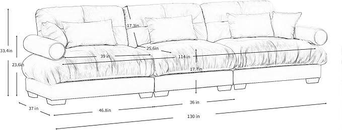 KEIKI 130" Oversized Velvet Modular Sectional Sofa with High-Density Foam Cushion and Bolstered Armrests, Upholstered Modern Style 3-Seater Cloud Couch with 5 Pillow, for Apartment, Living Room, Cream